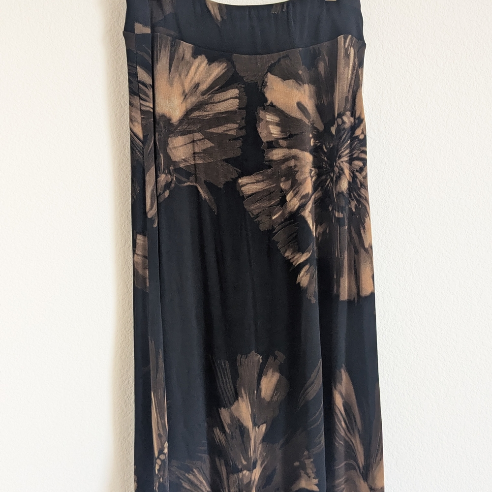 Black Floral Midi Skirt with Tan Bloom Print Travel Knit